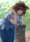  adjusting_hair bent_over black_hair blue_eyes blurry bokeh breasts depth_of_field dress drinking_fountain hat highres idolmaster idolmaster_cinderella_girls jewelry large_breasts leaning_forward long_hair necklace nohito open_mouth sagisawa_fumika solo sparkle straw_hat sun_hat water 