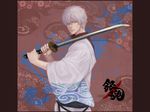  from_side frown gintama hair_over_one_eye half-closed_eyes holding holding_sword holding_weapon japanese_clothes katana male_focus red_eyes sakata_gintoki serious solo sword tatsuko_(chenzi) upper_body weapon white_hair 