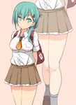  alternate_hairstyle alternate_legwear aqua_hair ascot bag breasts folded_ponytail hair_ornament hairclip kantai_collection kugui_kiyunemu long_hair medium_breasts miniskirt pink_background school_bag shirt skirt smile socks solo suzuya_(kantai_collection) white_legwear white_shirt 