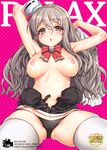  1girl armpits arms_up black_panties blush breasts brown_eyes clothes_removed cover cover_page doujin_cover grey_hair hat kantai_collection large_breasts long_hair nipples open_clothes open_mouth panties pola_(kantai_collection) polka_dot polka_dot_background thighhighs tilted_headwear underwear uousa-ou wavy_hair white_legwear 