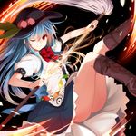  ;) absurdres ass bad_id bad_pixiv_id blue_hair boots bow closed_mouth cross-laced_footwear dress fiery_tail flat_chest food fruit glowing glowing_sword glowing_weapon highres hinanawi_tenshi knee_boots lace-up_boots layered_dress legs long_hair looking_at_viewer one_eye_closed peach puffy_sleeves red_eyes sheath short_sleeves smile solo sword_of_hisou tail takehana_note touhou unsheathing very_long_hair weapon 