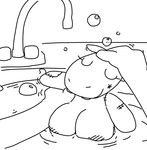  ambiguous_gender ambiguous_species anthro bath bathtub big_breasts black_and_white breasts bubble duo eyes_closed female hippopotamus mammal monochrome plushie princess_hippo simple_background smile the_weaver toybox_pals water 