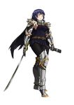  1girl armor blue_hair knight nahoyoshi scabbard solo sword weapon yellow_eyes 