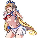  aduare_mi blonde_hair breasts charcoal_(medium) crusaders_quest green_eyes hat long_hair looking_away medium_breasts navel open_mouth red_ribbon ribbon sailor sailor_collar sailor_hat skirt smile solo teresa_(crusaders_quest) thong underboob v white_background 