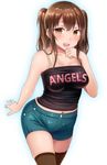  bad_id bad_pixiv_id belly_peek blush breasts brown_eyes brown_hair clothes_writing collarbone glowing large_breasts long_hair navel neri_sachiko open_mouth original plump shorts simple_background solo thighhighs twintails 