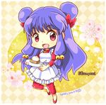  1girl chibi food full_body hiyopuko looking_at_viewer open_mouth pink_eyes purple_hair ranma_1/2 shampoo_(ranma_1/2) twintails 