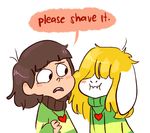  &lt;3 2016 anthro asriel_dreemurr blonde_hair brown_hair chara_(undertale) child clothing cub cute english_text fur hair hair_over_eyes human jewelry long_ears low_res mammal mudkipful necklace simple_background speech_bubble sweater text undertale video_games white_background white_fur young 