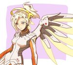  bad_id bad_twitter_id blonde_hair blue_eyes bodysuit breastplate breasts closed_mouth hair_ornament hair_tie jocheong long_sleeves lowres mechanical_halo medium_breasts mercy_(overwatch) overwatch pink_lips ponytail short_hair skin_tight solo spread_wings swiss_flag turtleneck upper_body wing_print wings yellow_wings 