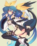  blue_hair breasts dizzy guilty_gear guilty_gear_xrd hair_ribbon large_breasts looking_at_viewer oro_(sumakaita) red_eyes ribbon smile solo tail tail_raised twintails 