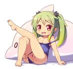  barefoot breasts censored chibi fang green_hair inflatable_dolphin inflatable_toy langbazi leaning_back leg_up long_hair md5_mismatch nipples one-piece_swimsuit open_mouth original pointless_censoring pointy_ears pussy red_eyes school_swimsuit sitting small_breasts smile solo swimsuit swimsuit_aside swimsuit_pull twintails 