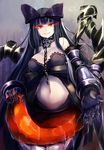  bare_shoulders black_bow black_hair bow breasts chain choker claws glowing glowing_eyes gothic_lolita hair_bow highres irohasu kantai_collection large_breasts lolita_fashion long_hair looking_at_viewer navel pale_skin red_eyes seaplane_tender_hime shinkaisei-kan smile solo white_skin 