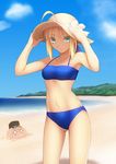  2girls :&lt; ahoge artoria_pendragon_(all) baseball_cap beach bikini blonde_hair breasts commentary_request day fate/stay_night fate_(series) green_eyes hair_ribbon hat migiha multiple_girls mysterious_heroine_x navel official_style ribbon rojiura_satsuki:_chapter_heroine_sanctuary saber small_breasts straw_hat swimsuit symbol-shaped_pupils 