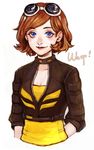  arm_behind_back avengers_academy blue_eyes breasts brown_hair cleavage goggles goggles_on_head highres jacket janet_van_dyne marvel medium_breasts smile solo tatsuko_(chenzi) upper_body wasp_(marvel) 