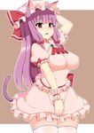  animal_ears bow breasts brooch cat_ears cat_tail cosplay cowboy_shot hair_bow hat hat_ribbon heart heart-shaped_pupils highres impossible_clothes jewelry kemonomimi_mode long_hair medium_breasts miniskirt ocha_(ochappie) patchouli_knowledge puffy_short_sleeves puffy_sleeves purple_hair red_bow red_eyes red_ribbon remilia_scarlet remilia_scarlet_(cosplay) ribbon short_sleeves sidelocks simple_background skirt solo standing symbol-shaped_pupils tail thighhighs thighs touhou white_legwear wrist_cuffs zettai_ryouiki 