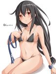  :o bare_shoulders bikini black_bikini black_hair blush breasts collarbone fuyu_mi hair_between_eyes hatsushimo_(kantai_collection) headband_removed kantai_collection long_hair looking_at_viewer low-tied_long_hair navel red_eyes remodel_(kantai_collection) simple_background sitting small_breasts solo swimsuit twitter_username white_background wristband 
