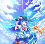  :d blue_hair bow bowtie breasts cloud cloudy_sky day dress fire food food_on_head fruit fruit_on_head hak hat hinanawi_tenshi index_finger_raised layered_dress long_hair looking_at_viewer medium_breasts object_on_head open_mouth peach red_eyes sky smile solo star_(sky) sword_of_hisou touhou v-shaped_eyebrows very_long_hair 