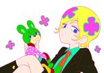  1boy androgynous bear blonde_hair blue_eyes child closed_mouth collared_shirt eyelashes flat_color irabu_ichirou jacket kuuchuu_buranko legs_crossed looking_at_viewer male_focus multicolored_hair necktie pink_hair polka_dot shorts simple_background sitting solo togetsuhou white_background 