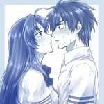  1boy 1girl ahoge blush bow bowtie chidori_kaname collared_shirt couple cross_scar eyebrows_visible_through_hair face-to-face facial_scar frame full_metal_panic! hetero imminent_kiss lips long_hair looking_at_another monochrome profile sagara_sousuke scar school_uniform shiki_(the-sleeping-snow-white) shirt short_hair simple_background spiked_hair straight_hair sweat upper_body 