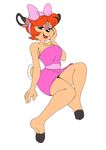  anthro blush bonkers breasts brown_fur cervine cleavage clothed clothing deer dress fawn_deer female fur hair hair_bow hair_ribbon lipstick mammal michiyoshi red_hair ribbons simple_background smile solo 