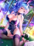  1girl ahoge animal_ears asanogawa_(tutufcc) azur_lane bangs bare_shoulders black_legwear blue_hair blush breasts bunny_ears casino cleavage confetti covered_navel detached_collar erect_nipples eyebrows_visible_through_hair fake_animal_ears hair_between_eyes hair_ornament hair_ribbon hairband high_heels highres indoors large_breasts leotard long_hair looking_at_viewer night poker_chip purple_eyes ribbon sitting smile solo sparkle st._louis_(azur_lane) thighhighs tress_ribbon window wrist_cuffs yokozuwari 