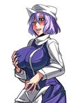  :d blue_eyes blush breasts commentary_request cowboy_shot dress hat large_breasts lavender_hair letty_whiterock long_sleeves looking_at_viewer mimuni362 mob_cap open_mouth purple_dress self_fondle short_hair smile solo sweat touhou white_background 