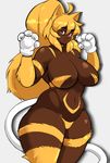  2016 animal_humanoid big_breasts blonde_hair breasts cat_humanoid claws clothing dark_skin eikasianspire feline female fur gloves hair hi_res humanoid invalid_tag long_hair looking_at_viewer mammal navel red_eyes simple_background smile solo thick_thighs white_background wide_hips yellow_fur 