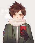  alternate_eye_color bangs bjmaki black_gloves blush breath brown_hair coat cold covered_mouth cup ear_piercing eyebrows eyebrows_visible_through_hair gloves green_coat grey_background highres holding holding_cup open_clothes open_coat overwatch piercing scarf scarf_over_mouth short_hair simple_background solo spiked_hair sweater tracer_(overwatch) union_jack white_sweater yellow_eyes 