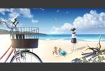  barefoot beach bird black_hair day dog highres original ponytail school_uniform serafuku short_hair solo summer taka_(tsmix) 