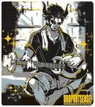  barefoot casual character_name guitar instrument kuwagatatsuya limited_palette male_focus nikism open_mouth pointy_hair shirt shorts show_by_rock!! sitting solo sparkle sunglasses t-shirt towel towel_around_neck 