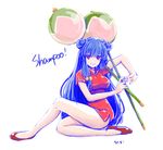  1girl blue_hair china_dress full_body hiyopuko legs light_smile looking_at_viewer ranma_1/2 red_eyes shampoo_(ranma_1/2) simple_background sitting solo twintails white_background 
