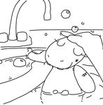  ambiguous_gender ambiguous_species anthro bath bathtub black_and_white bubble duo eyes_closed female hippopotamus mammal monochrome plushie princess_hippo simple_background smile the_weaver toybox_pals water 