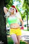  blonde_hair breasts cleavage cosplay dragon_ball fingerless_gloves gloves hairband justawaykitty kitakichan large_breasts launch_(dragon_ball) launch_(dragon_ball)_(cosplay) long_hair lunch_(dragon_ball) lunch_(dragon_ball)_(cosplay) navel photo shorts wig 