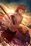  abs armor belt bracelet chest closed_mouth cloud coat dutch_angle granblue_fantasy highres jewelry lens_flare male_focus navel open_clothes open_coat outdoors palm_tree percival_(granblue_fantasy) ready_to_draw red_eyes red_hair red_shorts see-through short_sleeves shorts signature sky solo standing stomach sword tenyo0819 tree wading water weapon wet 