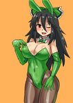  ;d alternate_costume animal_ears bare_shoulders black_hair black_legwear blush bow bowtie breasts bunny_ears bunnysuit cleavage commentary_request cowboy_shot detached_collar elbow_gloves fake_animal_ears gloves green_bow green_leotard green_neckwear hair_bow large_breasts leotard long_hair looking_at_viewer mimuni362 one_eye_closed open_mouth pantyhose red_eyes reiuji_utsuho smile solo touhou 