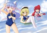  ahoge ball beachball between_breasts blonde_hair blue_eyes blue_hair book breasts commentary_request fang glasses hair_ribbon hat highres i-168_(kantai_collection) i-19_(kantai_collection) i-8_(kantai_collection) innertube kantai_collection kurenaidahlia large_breasts long_hair looking_at_viewer multiple_girls name_tag ocean one-piece_swimsuit one_eye_closed peaked_cap ponytail red-framed_eyewear red_eyes red_hair ribbon school_swimsuit school_uniform see-through serafuku star star-shaped_pupils swimsuit swimsuit_under_clothes symbol-shaped_pupils torpedo tri_tails twintails white_legwear 