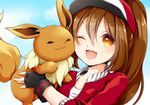  :3 ;d akira_ry0 baseball_cap black_gloves brown_hair cheek-to-cheek eevee female_protagonist_(pokemon_go) fingerless_gloves gen_1_pokemon gloves hat looking_at_viewer one_eye_closed open_mouth pokemon pokemon_(creature) pokemon_go ponytail short_hair smile yellow_eyes 