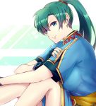  1girl breasts earrings fingerless_gloves fire_emblem fire_emblem:_rekka_no_ken gloves green_eyes green_hair high_ponytail jewelry large_breasts long_hair looking_at_viewer lyndis_(fire_emblem) nintendo pelvic_curtain ponytail side_slit solo taiga_kazame white_background 