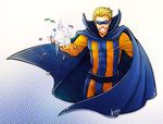  abs artist_name blonde_hair blue_bodysuit bodysuit cape dc_comics deviantart_sample image_sample male_focus mask meinarch multicolored multicolored_bodysuit multicolored_clothes orange_bodysuit solo teeth trickster_(dc) white_eyes 