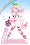  artist_name blue_eyes blush bow character_name copyright_name hanon_(nonty) kana_(tales) leaf necktie open_mouth petals pink_hair rainbow solo sword tales_of_(series) tales_of_link thighhighs weapon 