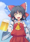  ascot bare_shoulders beer_mug black_hair bow cup detached_sleeves hair_bow hair_tubes hakurei_reimu highres holding holding_cup open_mouth shefu smile solo sweat touhou 