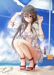  beach beach_umbrella bikini black_hair day front-tie_top gurifu hair_between_eyes haruna_(kantai_collection) high_heels hood hoodie jacket jacket_over_swimsuit kantai_collection light_particles light_rays long_hair looking_at_viewer open_clothes open_hoodie open_toe_shoes outdoors sand sandals sarong shoes smile solo strappy_heels swimsuit thighs umbrella white_bikini white_jacket yellow_eyes 