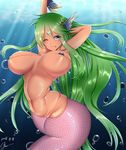  ;3 ;p arms_up bad_anatomy bikini_top blue_eyes breasts breasts_apart bubble caustics circlet commentary_request dated day green_hair hair_spread_out head_fins highres large_breasts light_rays long_hair looking_at_viewer mermaid monster_girl nature navel one_eye_closed puffy_nipples shiny shiny_hair shiny_skin signature sirenetta_(wonderland_wars) solo strap_gap string_bikini sunbeam sunlight tongue tongue_out twisted_torso unaligned_breasts underwater very_long_hair wonderland_wars ziran 