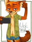  boxer_briefs bulge canine clothed clothing disney dress_shirt fox fur green_eyes male mammal nick_wilde noumiiiiin_63 open_shirt orange_fur phone selfie shirt simple_background solo underwear zootopia 