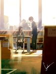  2girls black_hair blurry book bookshelf chair depth_of_field fujimoto_shuuji hanejima_sora indoors library long_hair loundraw multiple_girls no_eyes reikan_kentei school_uniform short_hair signature silhouette sitting sunlight table talking transparent window 