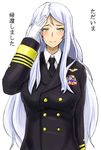  formal gloves kantai_collection long_hair looking_at_viewer military military_uniform saizu_nitou_gunsou salute shinkaisei-kan smile solo ta-class_battleship translated uniform white_gloves white_hair yellow_eyes 