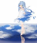  arms_behind_back barefoot blue_hair blush body_blush braid ciel_nosurge closed_mouth cloud dress full_body green_eyes hair_intakes hair_ribbon head_tilt kureudon leg_ribbon long_hair looking_at_viewer reflection ribbon ribbon-trimmed_clothes ribbon_trim ripples sarly_planck sky smile solo surge_concerto very_long_hair white_dress white_ribbon 