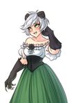  animal_ears bare_shoulders blush claws corset green_eyes green_skirt hand_behind_head highres long_skirt looking_away looking_to_the_side monorus original paws puffy_short_sleeves puffy_sleeves short_hair short_sleeves silver_hair simple_background skirt solo 