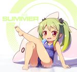  barefoot cameltoe fang food green_hair inflatable_dolphin inflatable_toy langbazi leaning_back leg_up long_hair one-piece_swimsuit open_mouth original partially_submerged pointy_ears popsicle red_eyes school_swimsuit sitting smile solo swimsuit twintails water 