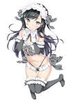  alternate_costume arm_warmers asashio_(kantai_collection) ass_visible_through_thighs bikini black_bikini black_hair black_legwear blue_eyes blush breasts detached_sleeves ebifurya embarrassed enmaided frilled_bikini frilled_legwear frilled_sleeves frills front-tie_top full_body gloves highleg highleg_bikini highres kantai_collection long_hair looking_at_viewer maid maid_headdress midriff no_shoes simple_background small_breasts solo swimsuit thighs uterus_pose white_gloves 