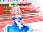  artist_name bare_shoulders blue_dress blue_eyes blush copyright_name dated dress flower gloves hair_flower hair_ornament hanon_(nonty) happy_birthday jewelry kana_(tales) necklace open_mouth pink_hair rose sitting solo tales_of_(series) tales_of_link teeth 
